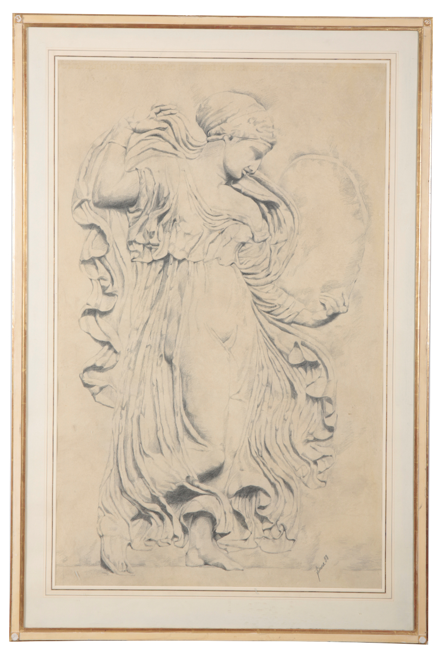 A LARGE CHARCOAL DRAWING OF A ROBED
