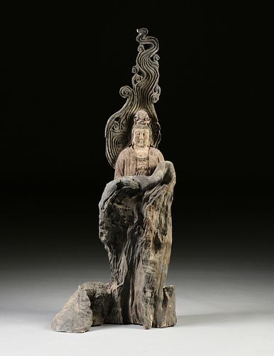 A LARGE CHINESE CARVED TREE TRUNK