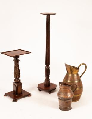 A large coopered oak jug, brass