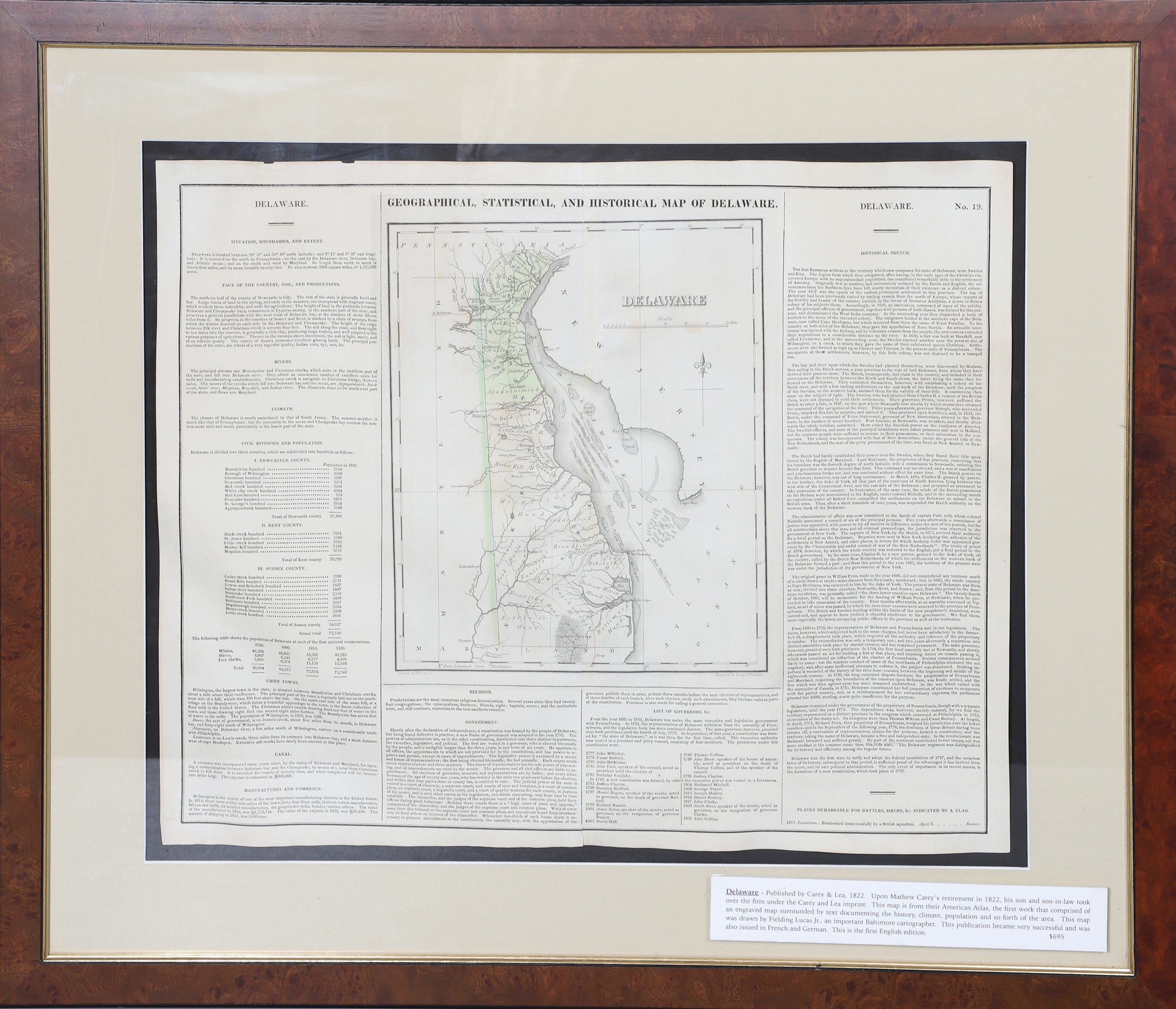 A large framed 1822 map of Delaware