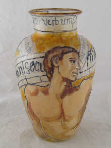 A large glass vase hand painted