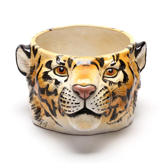 A LARGE ITALIAN TIGER HEAD MAJOLICA