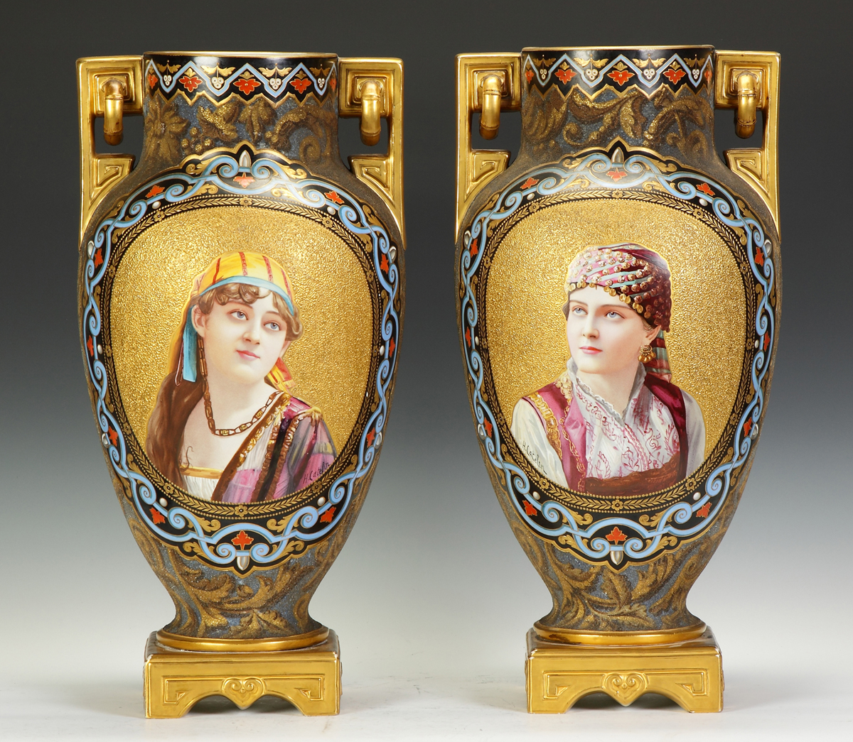 A Large Pair of Coralene & Enameled