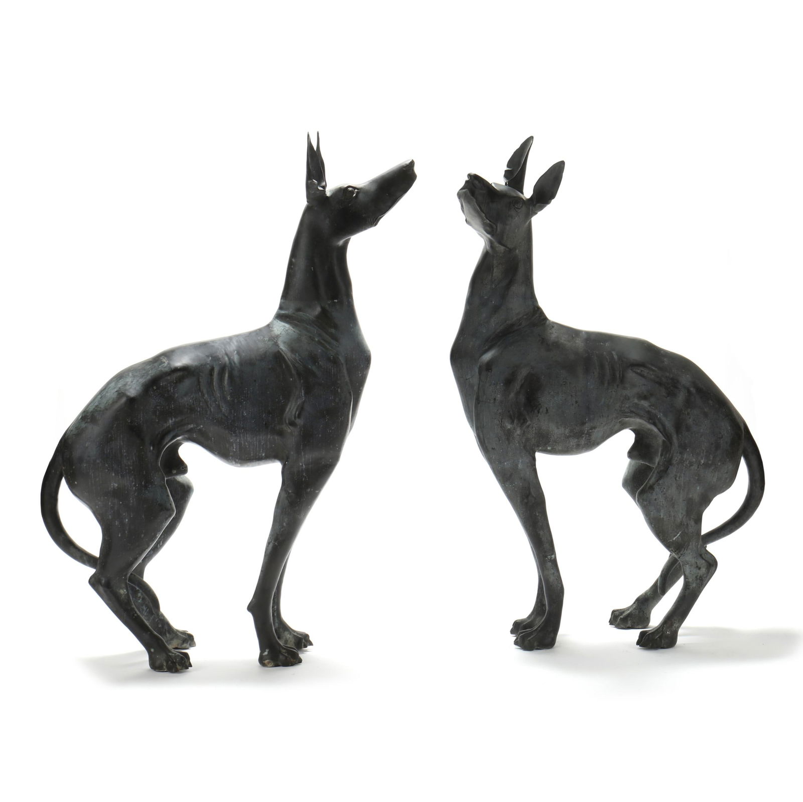 A LARGE PAIR OF PATINATED BRONZE