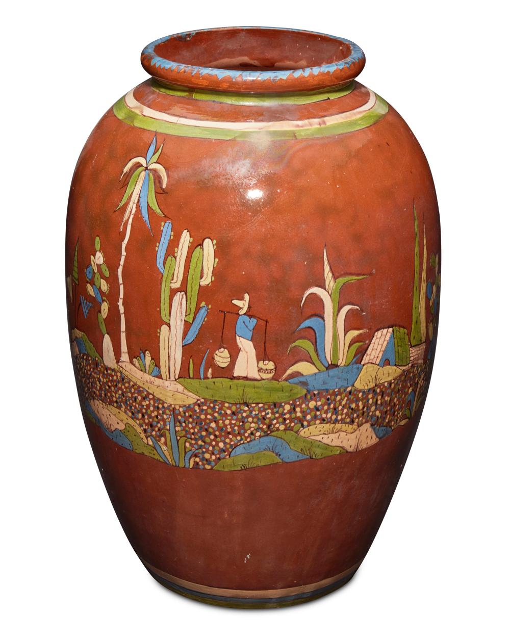 A LARGE TLAQUEPAQUE POTTERY OIL