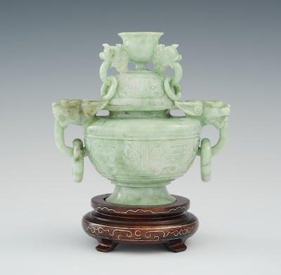 A Light Green Jade Carved Koro with