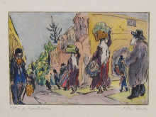 A lithograph of a street scene