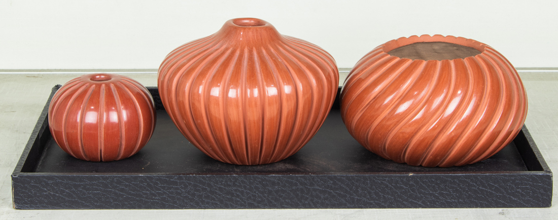 A LOT OF THREE JEMEZ REDWARE RIBBED