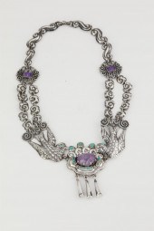 A MATL SILVER AND GEM-SET NECK