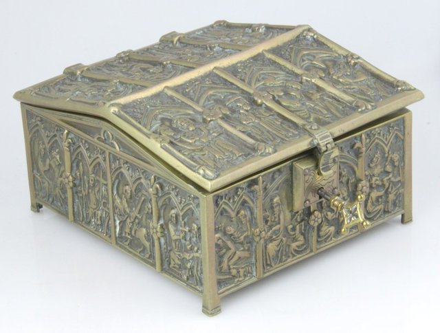 A Medieval style brass casket