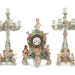 A Meissen Porcelain Clock Garniture