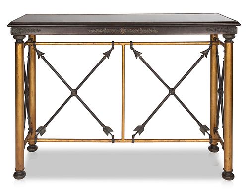 A METAL AND BRASS CONSOLE TABLE,