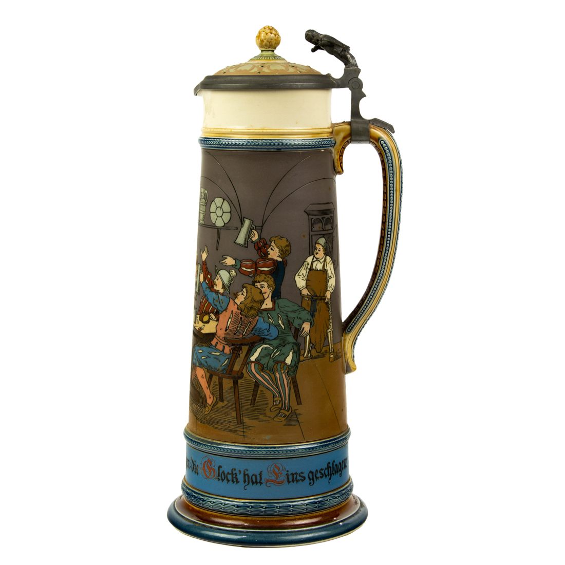 A METTLACH STONEWARE PEWTER MOUNTED