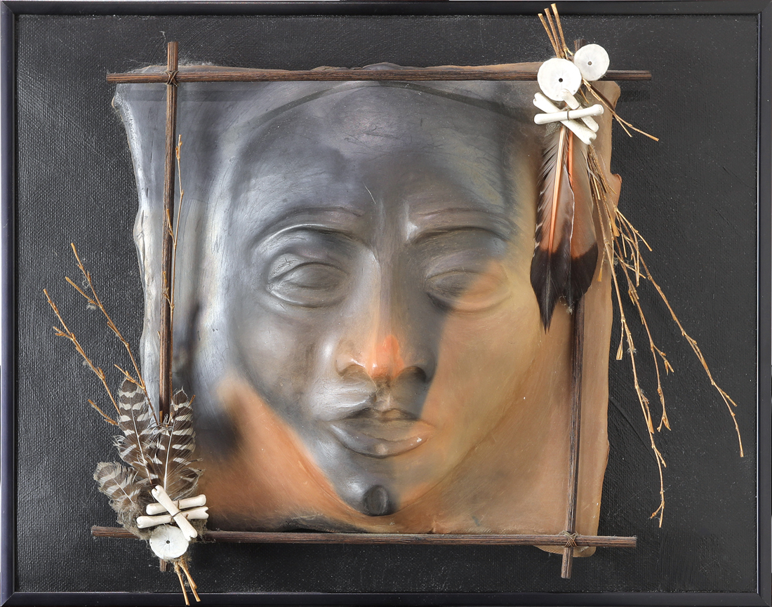 A MIXED MEDIA AND TERRACOTTA MASK