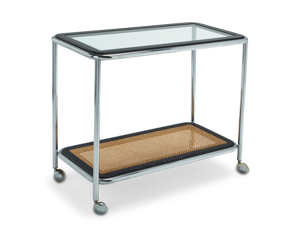 A MODERN CHROME AND RATTAN BAR