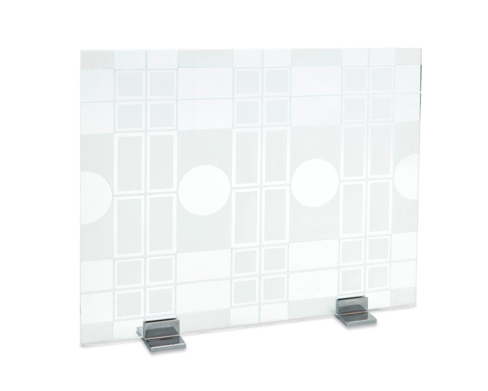 A MODERN ETCHED GLASS FIREPLACE
