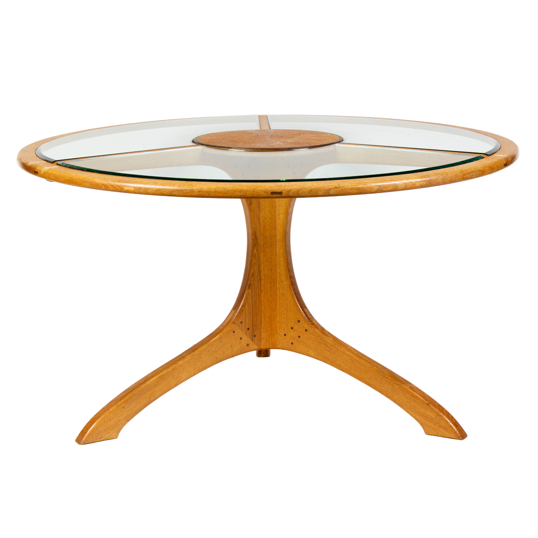 A MODERN OAK AND GLASS DINING TABLE