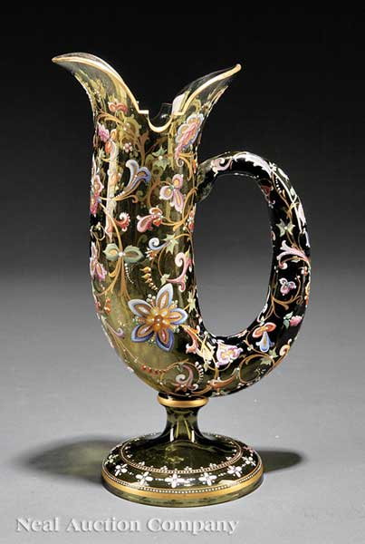 A Moser Enameled Green Glass Ewer