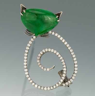 A Natural Jadeite and Diamond Cat