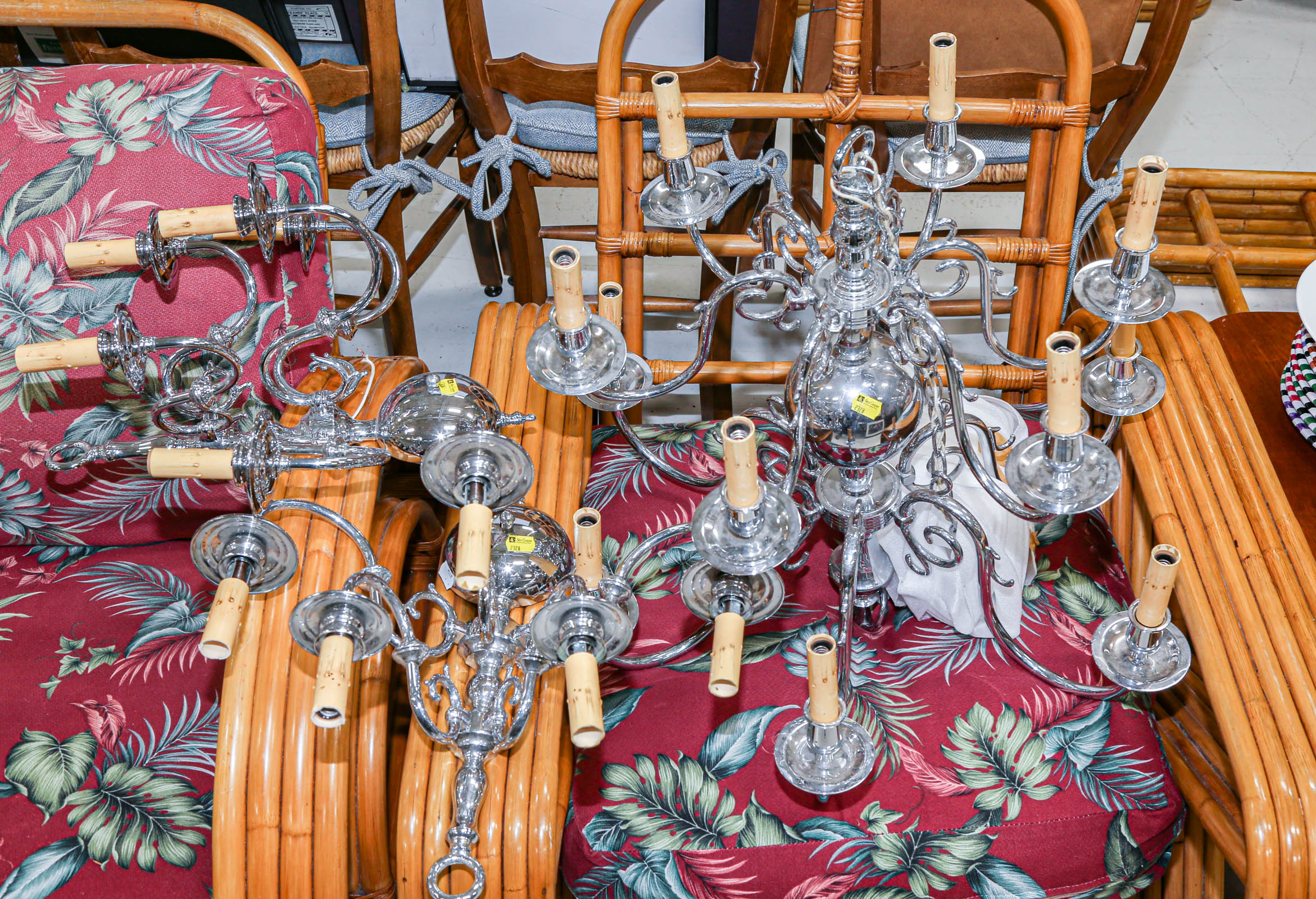 A NICKEL PLATED CHANDELIER & A PAIR