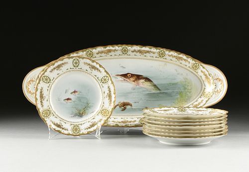 A NINE PIECE FISH PAINTED PORCELAIN