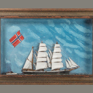 A Painted Wood Ship Diorama 20th