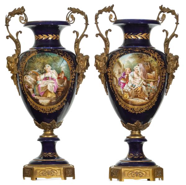 A PAIR 33-INCH SEVRES FLOOR VASES