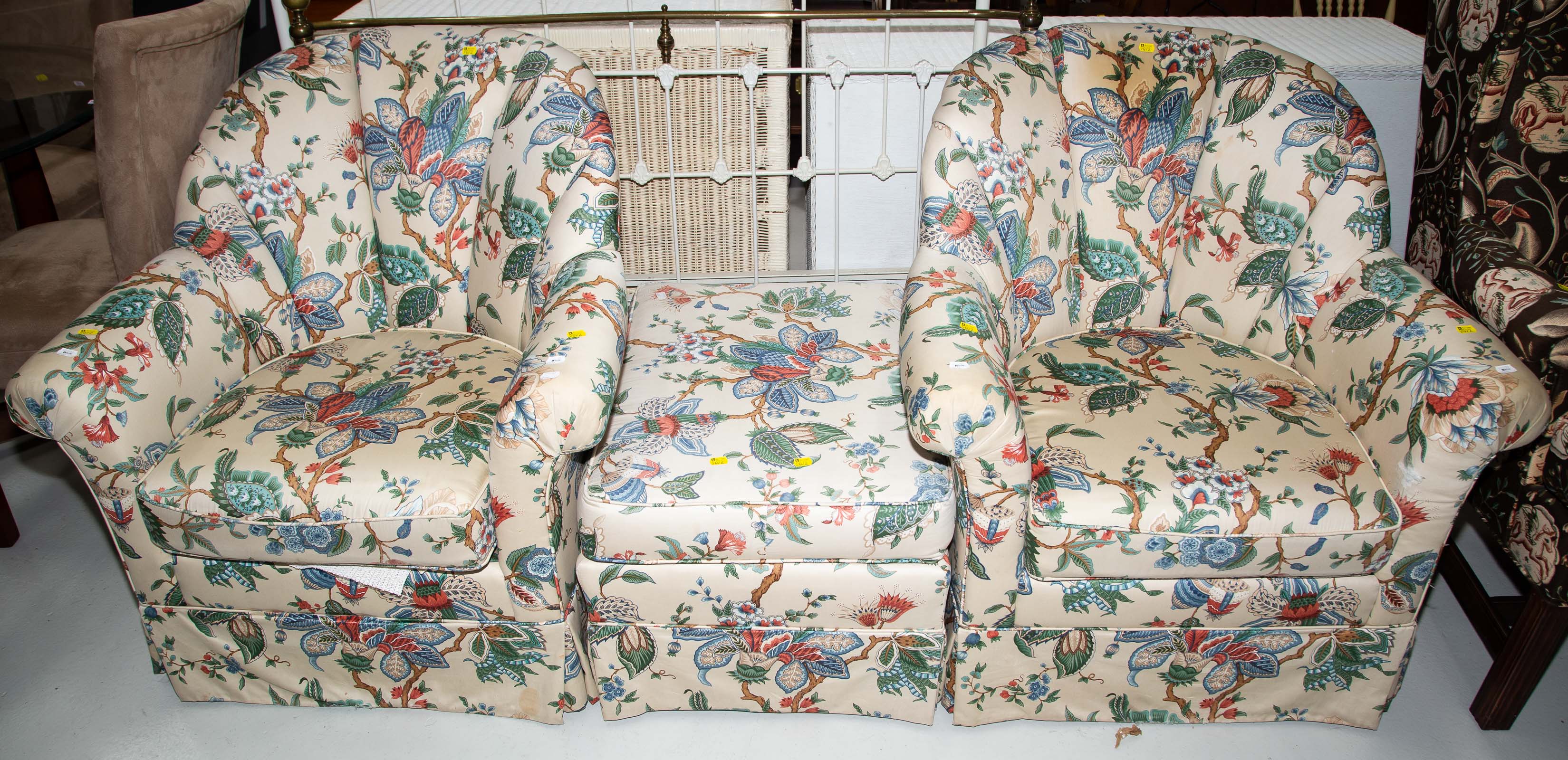 A PAIR OF BARREL BACK CHAIRS & AN