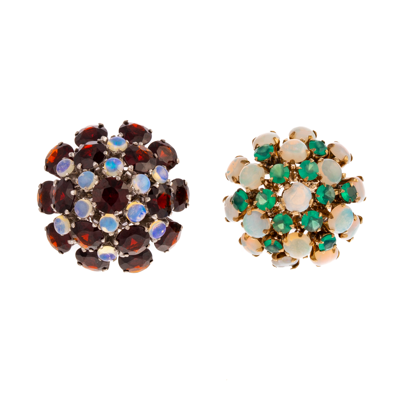 A PAIR OF BOMBE GEMSTONE RINGS IN