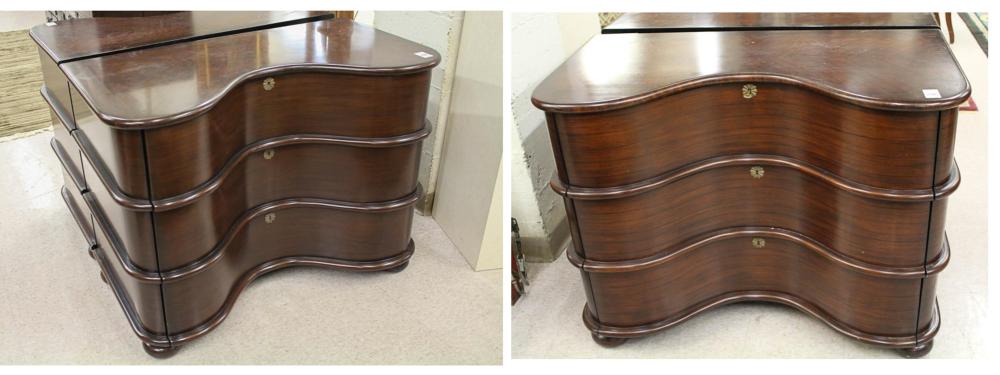 A PAIR OF BOW-FRONT THREE-DRAWER