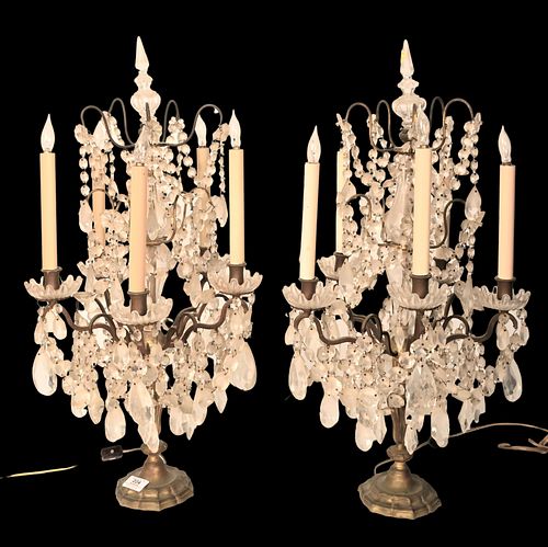 A PAIR OF BRASS AND CRYSTAL