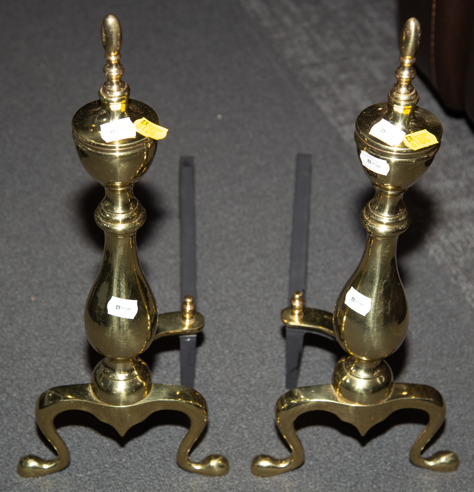 A PAIR OF BRASS ANDIRONS 20th