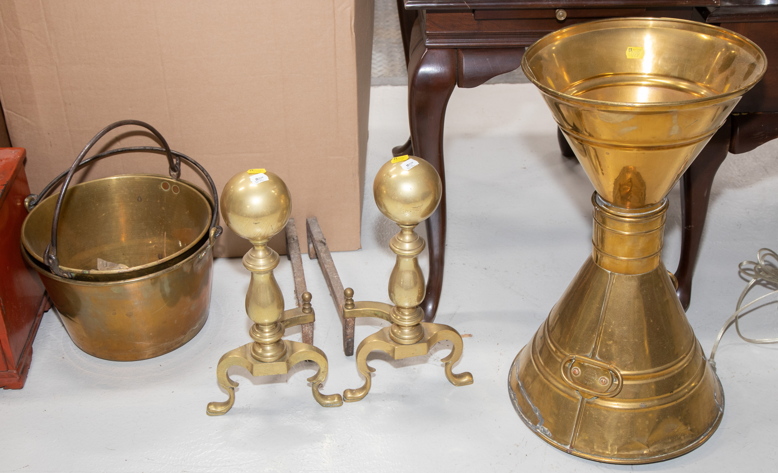 A PAIR OF BRASS ANDIRONS; OTHER