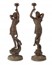 A PAIR OF BRONZE FIGURAL FLOOR