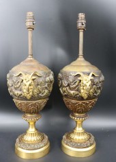 A PAIR OF BRONZE LAMPS WITH CH