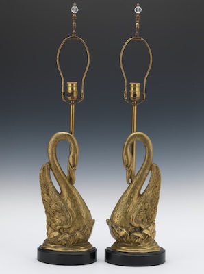 A Pair of Bronze Swan Lamps Cast