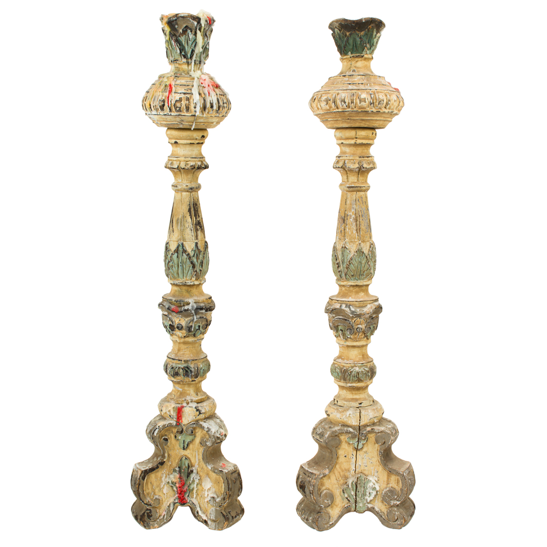 A PAIR OF CARVED AND PAINT