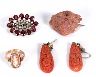 A pair of carved coral and pearl