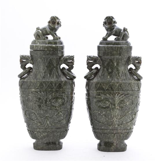 A Pair of Carved Hardstone Lidded
