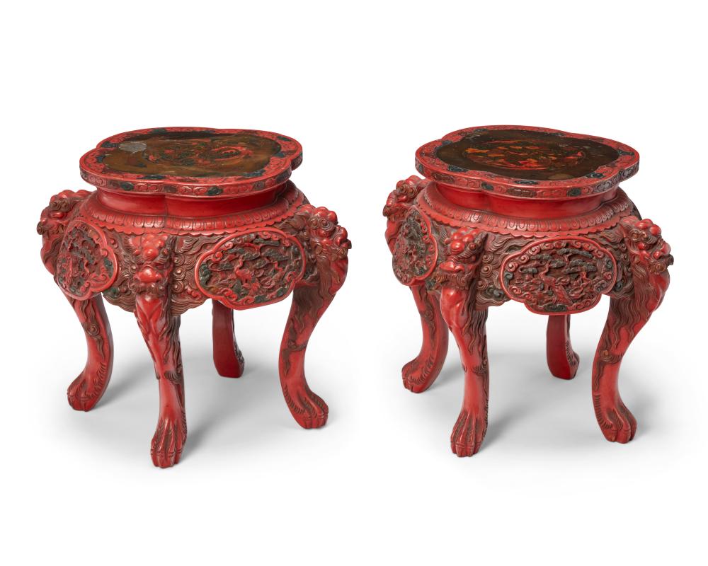 A PAIR OF CHINESE CARVED CINNABAR