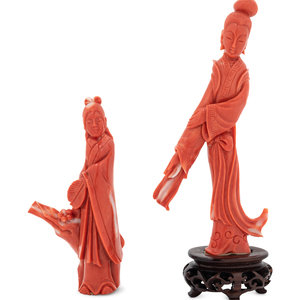 A Pair of Chinese Coral Figures