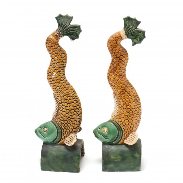 A PAIR OF CHINESE FISH ROOF TILES A
