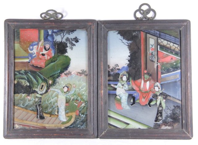 A pair of Chinese glass paintings