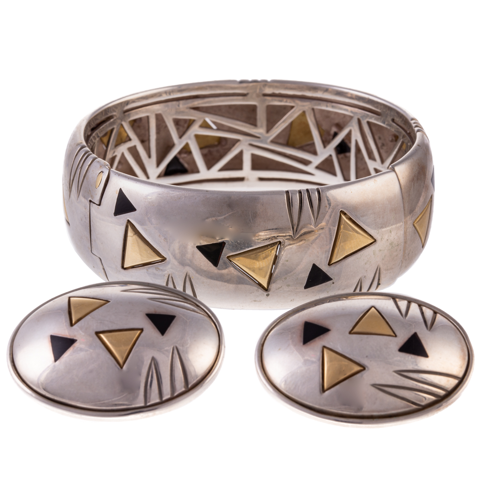 A PAIR OF CLIP EARRINGS & BANGLE BY