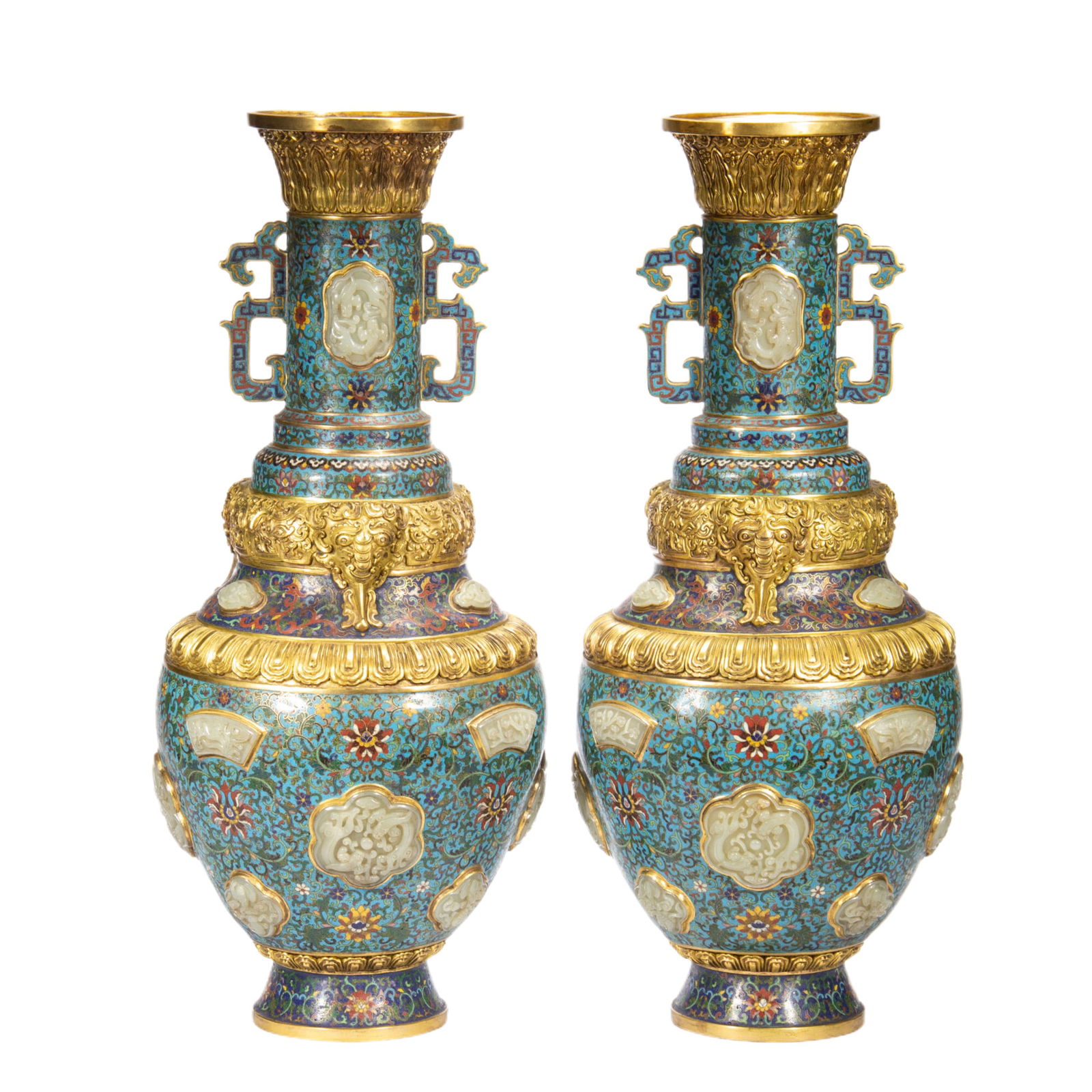 A PAIR OF CLOISONNE VASES WITH JADE