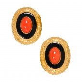 A PAIR OF CORAL, BLACK CHALCED