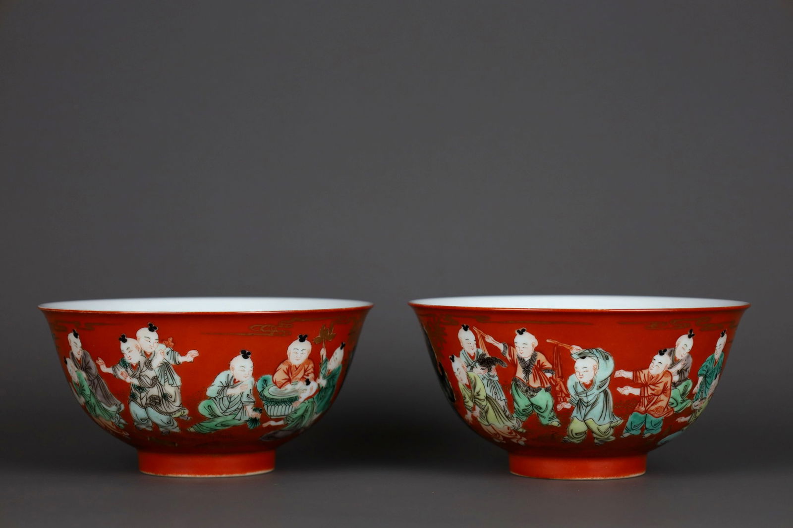 A PAIR OF CORAL-RED GROUND GILT