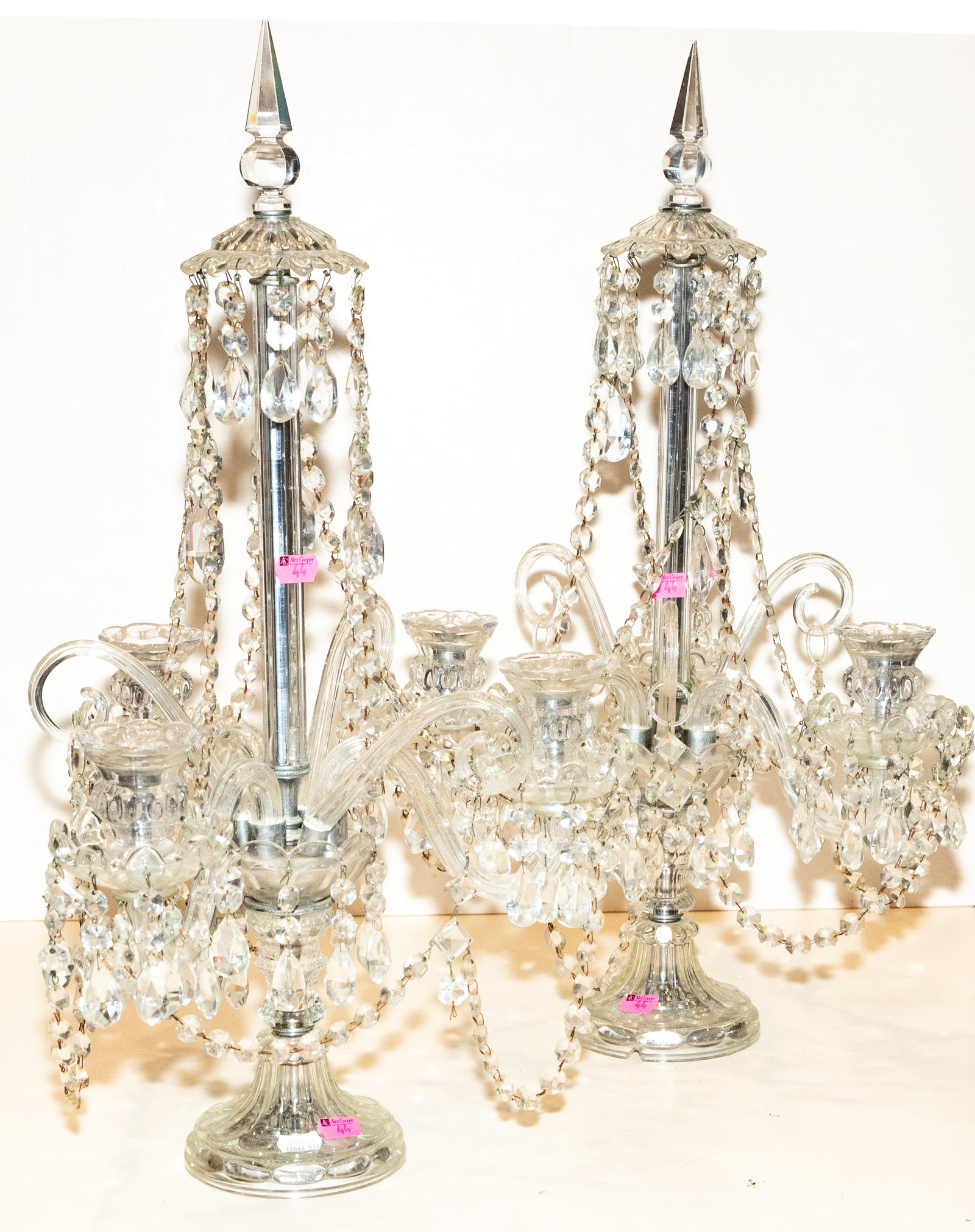 A PAIR OF CRYSTAL THREE LIGHT