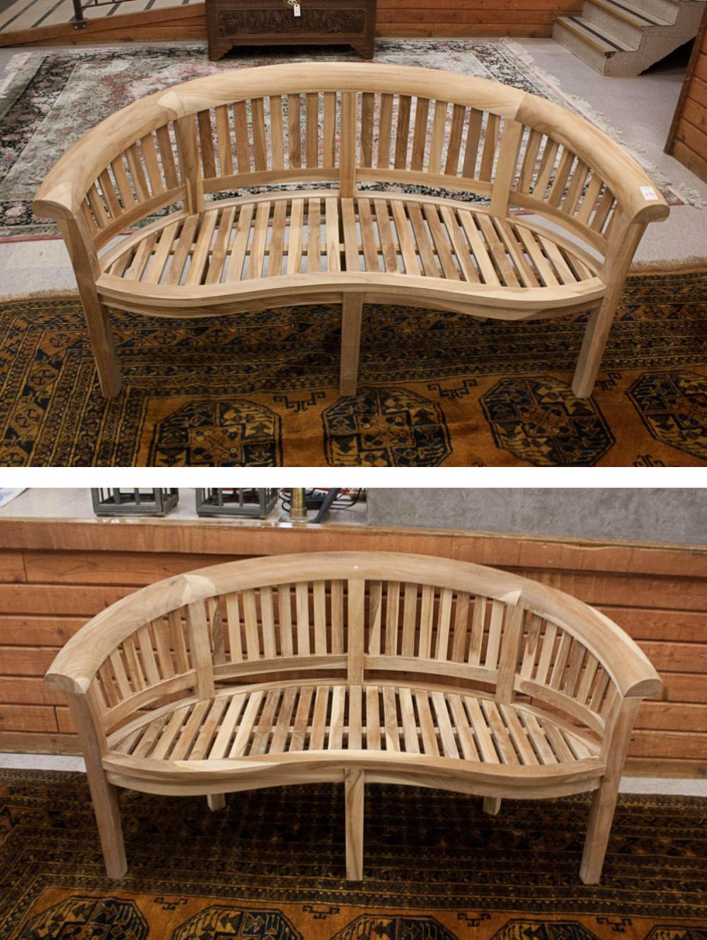 A PAIR OF CURVED TEAK BENCHESA PAIR