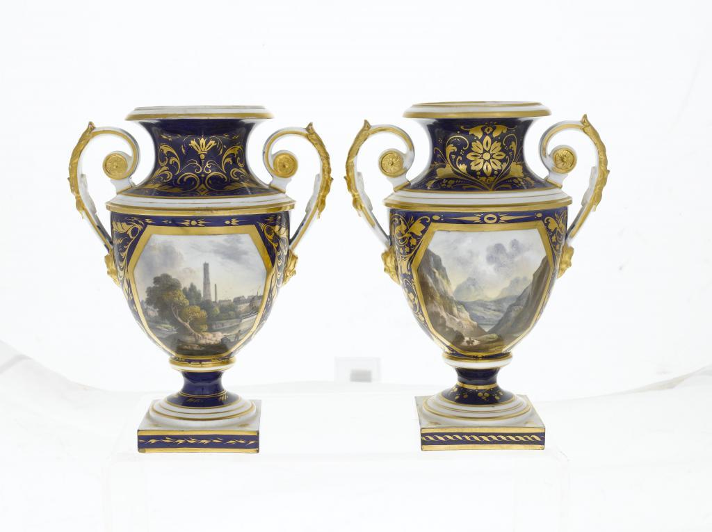A PAIR OF DERBY VASES of shield
